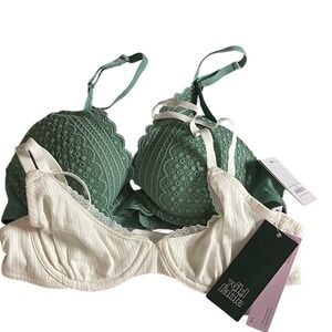 Auden Wild Fable Bra Bundle 32A Sage Green Lace Push Up White Ribbed 2 BRAS